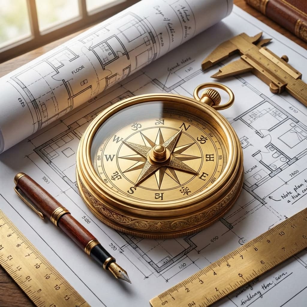 Professional Vastu compass and architectural blueprints
